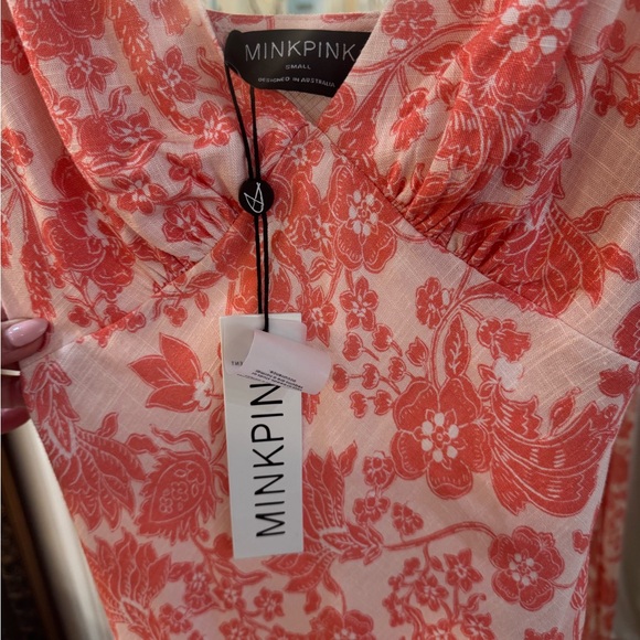 MINKPINK Pink and White Sheath Midi Dress V-Neck Sleeveless - Picture 2 of 5